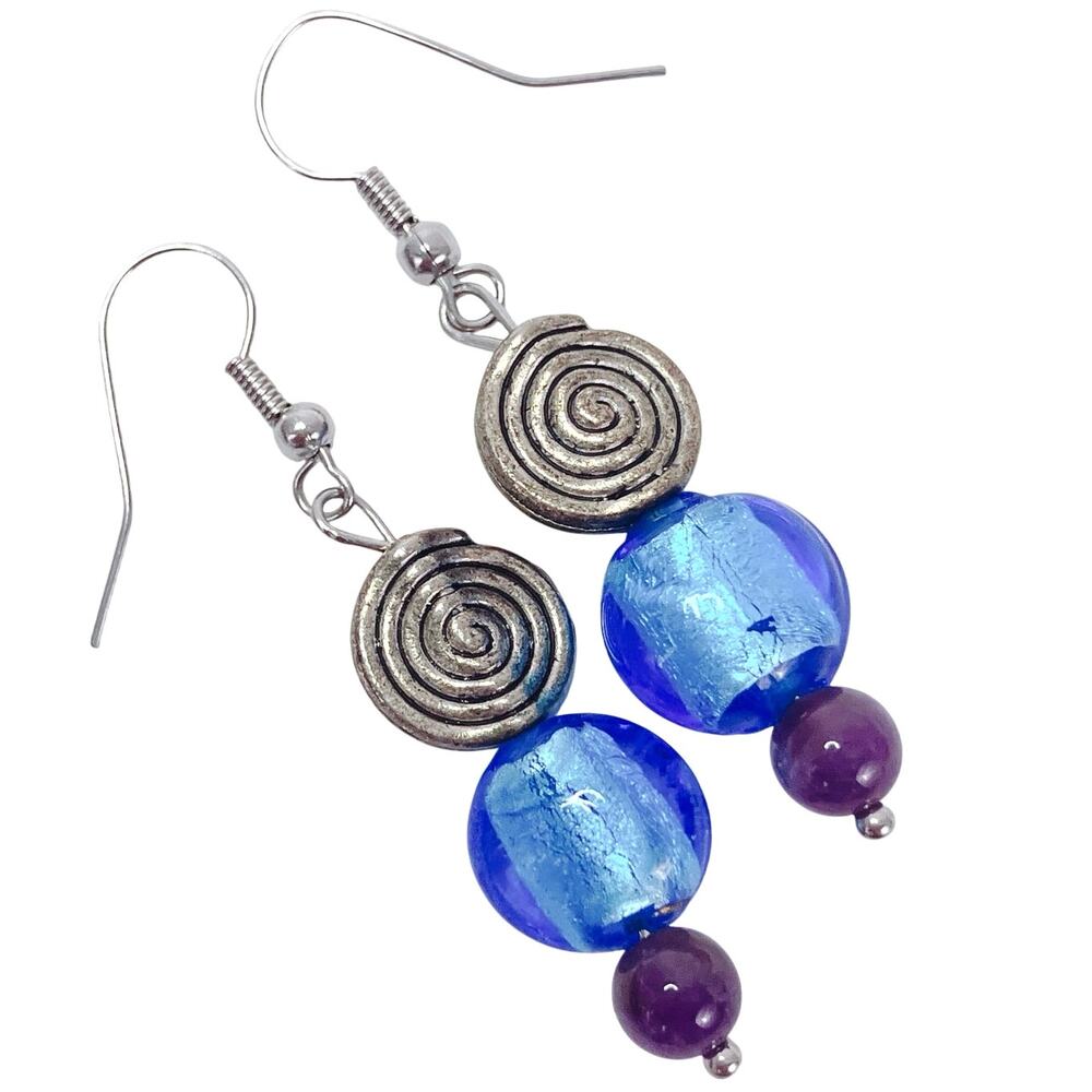 VTG Artisan Earrings Cobalt Glass Genuine Amethyst Gemstone Beads French Hook